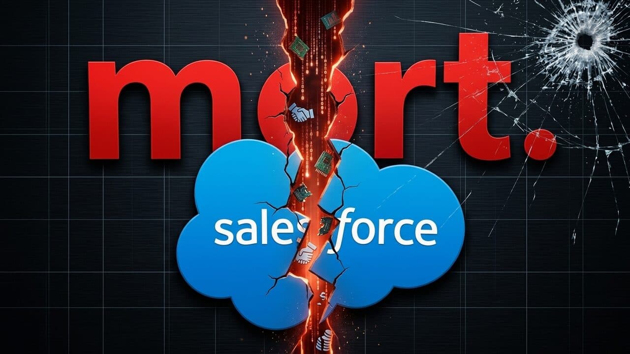 Piste « mort. » sur fond nuit : le logo Salesforce fendu par une faille rougeoyante