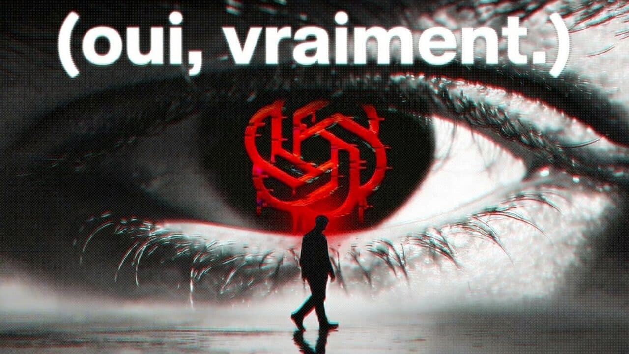 Piste « (oui, vraiment.) » : un œil géant où brille un logo rouge, une silhouette qui marche devant