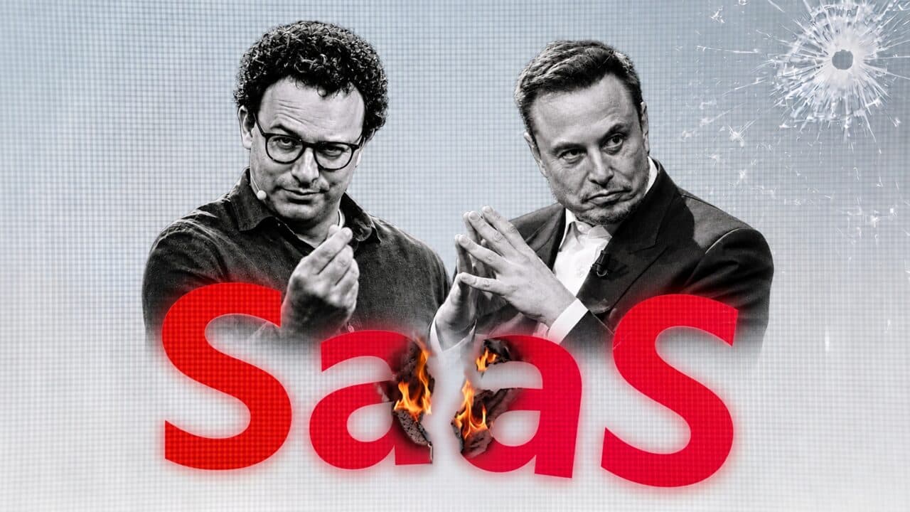 Piste « SaaS » : deux patrons de la tech en noir et blanc au-dessus du mot qui brûle