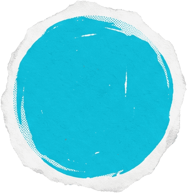 Un rond d’encre cyan imprimé sur un papier déchiré