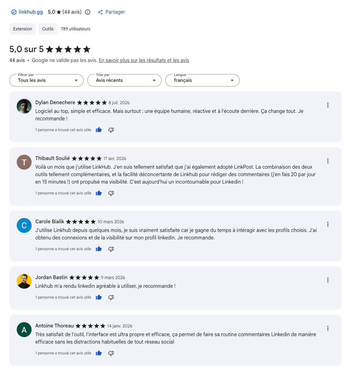 Avis Chrome Web Store de linkhub.gg : 5,0 sur 5, 44 avis, 789 utilisateurs