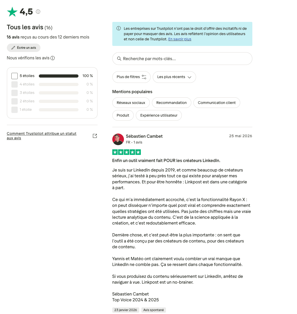 Avis Trustpilot : 4,5, 16 avis sur les 12 derniers mois, 100 % de 5 étoiles