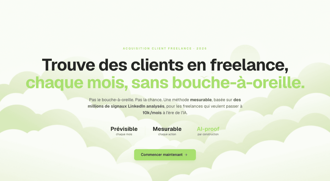 Couverture du playbook acquisition client : « Trouve des clients en freelance, chaque mois, sans bouche-à-oreille »