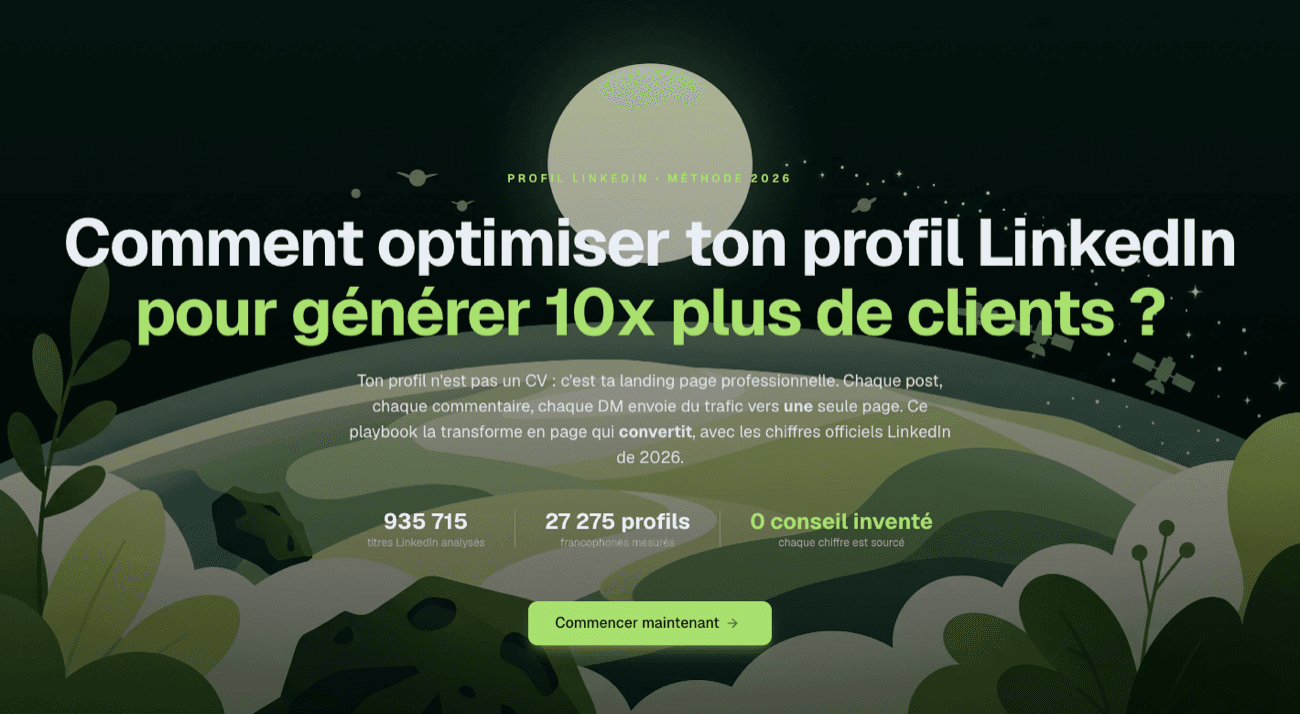 Couverture du playbook profil : « Comment optimiser ton profil LinkedIn pour générer 10x plus de clients ? », 935 715 titres analysés