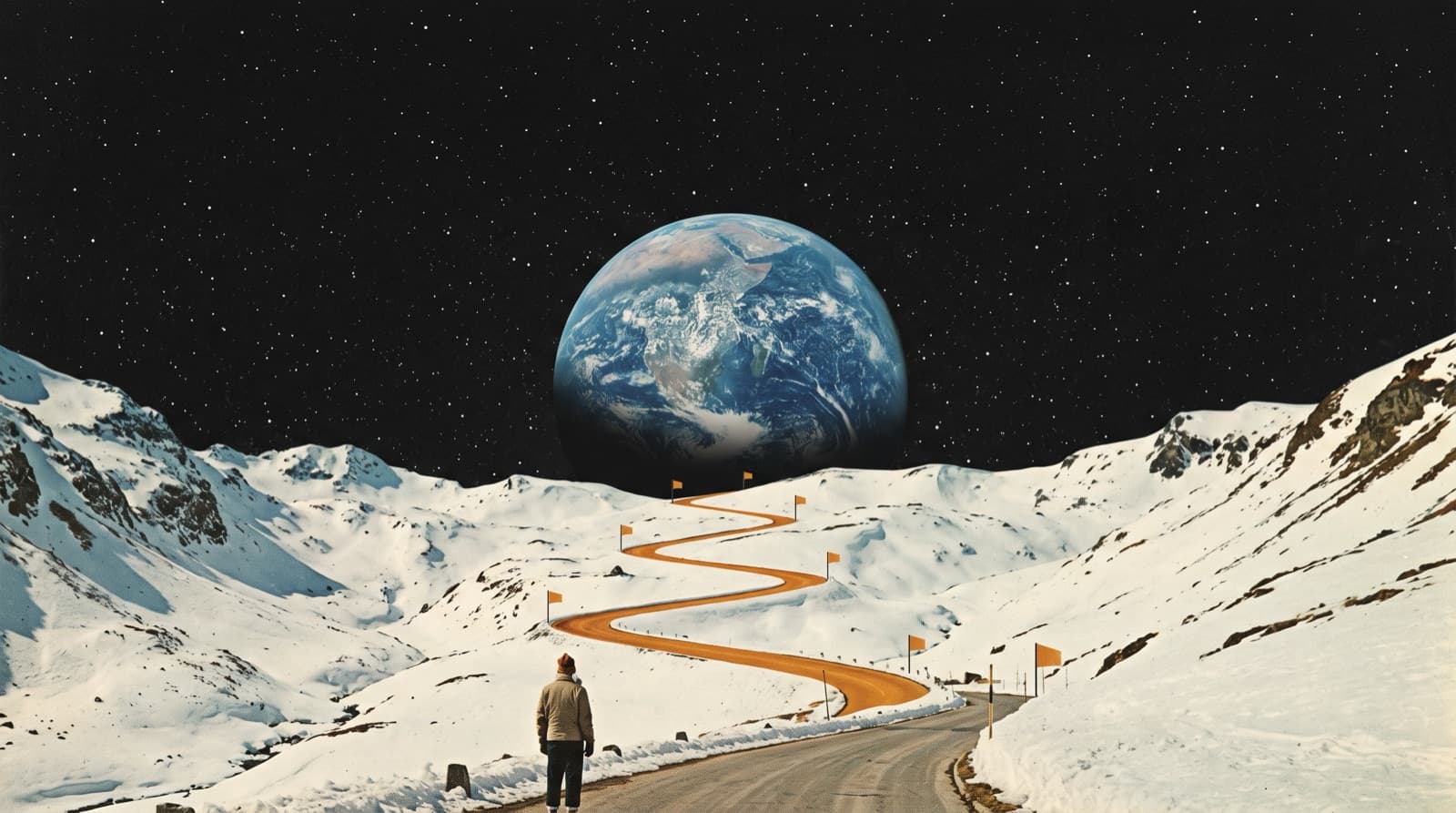 Collage vintage : une route ambre jalonnée de drapeaux serpente à travers une vallée enneigée vers une Terre géante levée dans un ciel étoilé, une silhouette de dos regarde le départ de la route