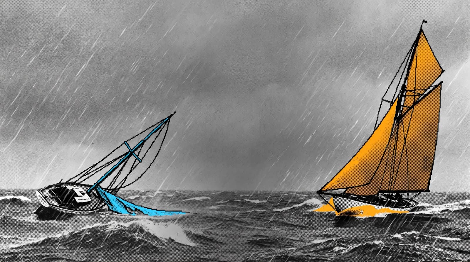 Deux voiliers dans la même tempête : à gauche un bateau démâté à la dérive, à droite un bateau gîté qui taille sa route à pleine vitesse