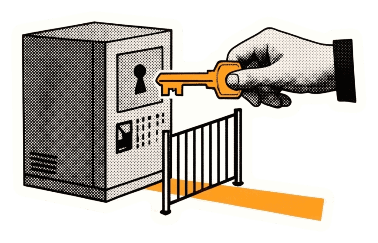 Une main ouvre une machine protégée avec une clé pour lui accorder la permission de lire ou d’agir
