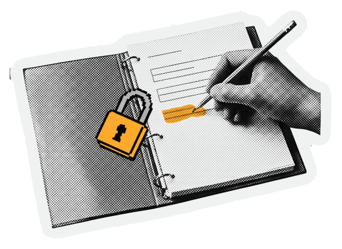 Une main corrige une information dans un dossier protégé par un cadenas