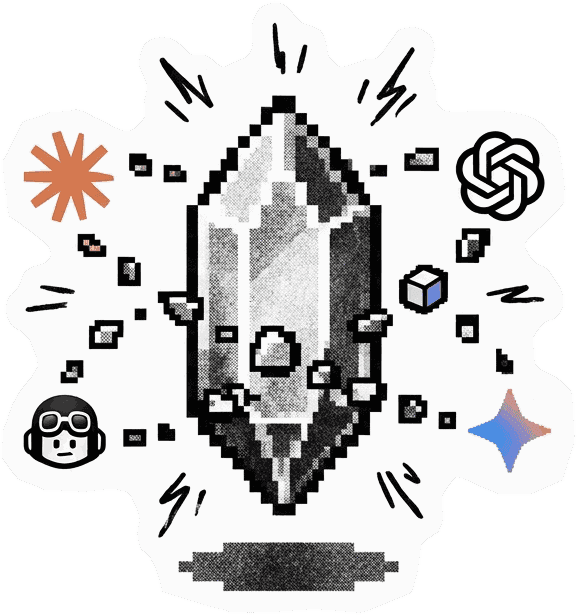 Un cristal de puissance en pixel-art, entouré des symboles des outils IA qui convergent vers lui