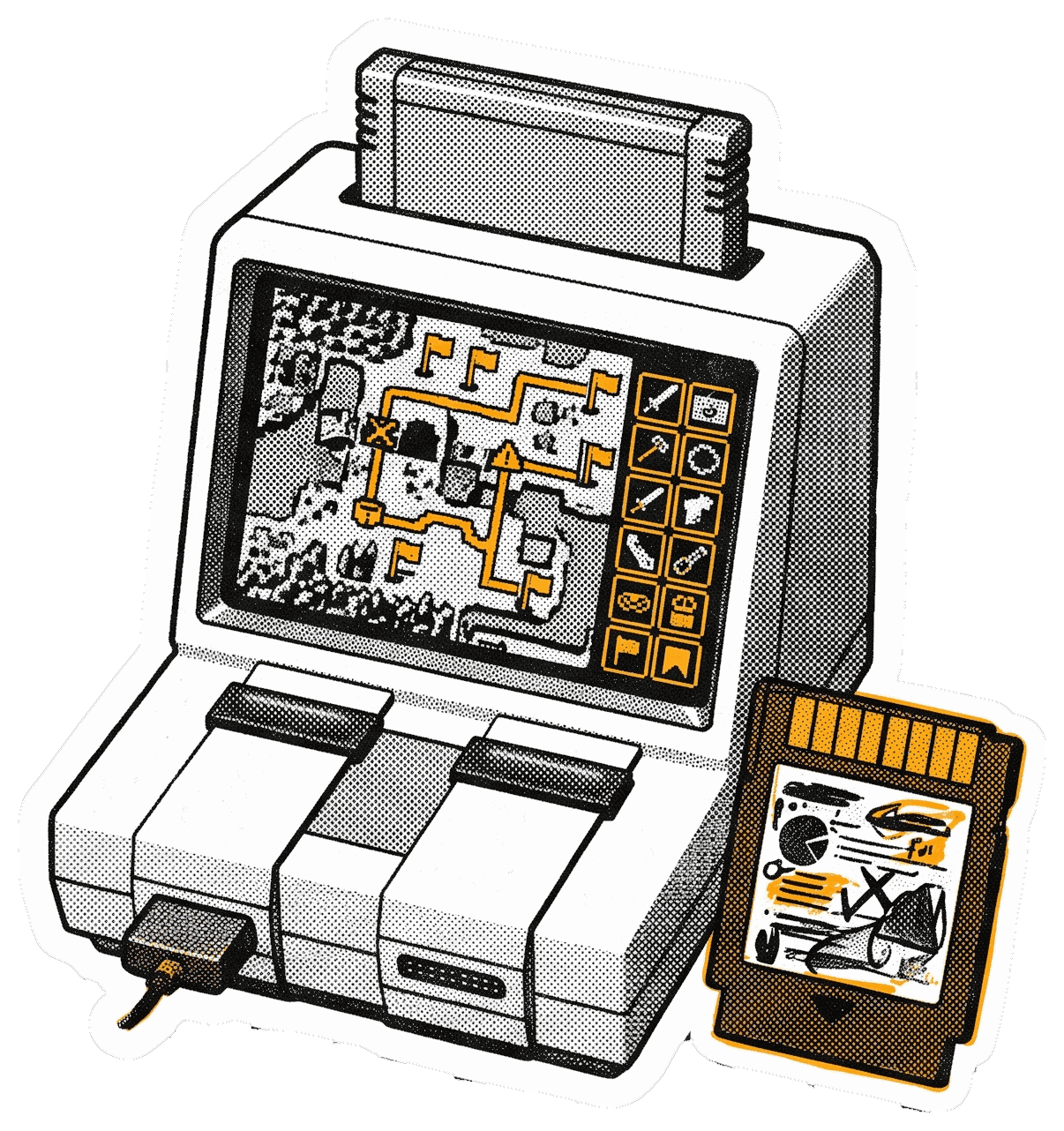 La même console contient une carte explorée, des acquis et une sauvegarde accumulée