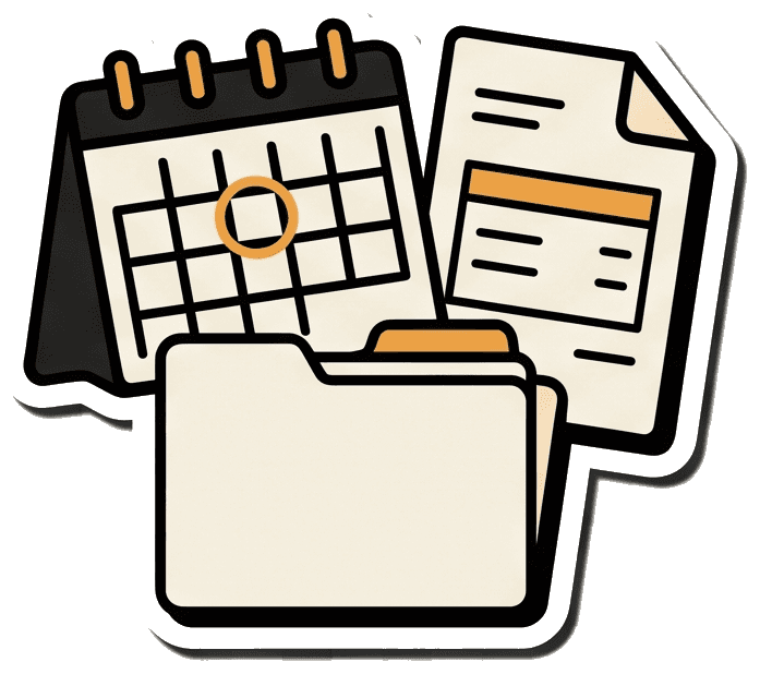 Un calendrier avec un jour marqué, un dossier patient et une feuille de facturation