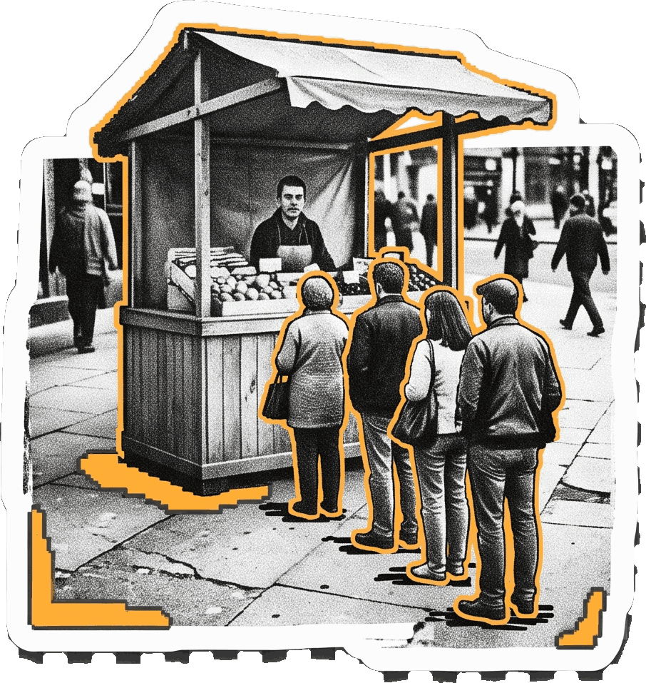 Le même stand, le même vendeur, posé à un coin de rue passant avec une file de quatre personnes devant lui