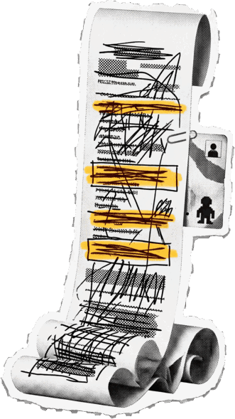 Le même ticket, déroulé jusqu’au sol, couvert de lignes dont trois surlignées, avec un badge employé agrafé