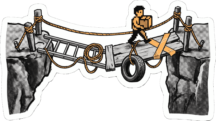 Un pont de fortune fait d’une échelle, d’une planche, d’une corde et d’un pneu, qu’une personne traverse déjà avec une caisse